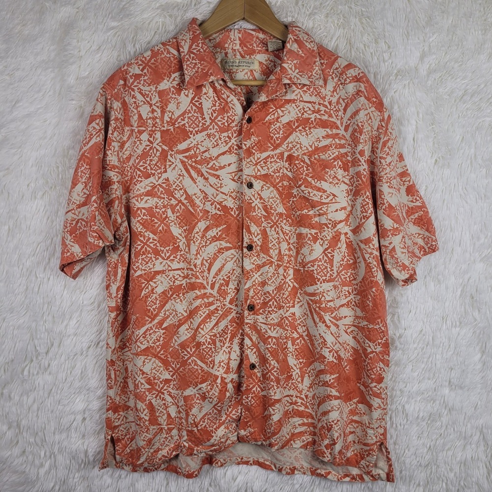 Island Republic 100% Silk Orange Tropical Hawaiian Shirt Mens XL Resort Camp